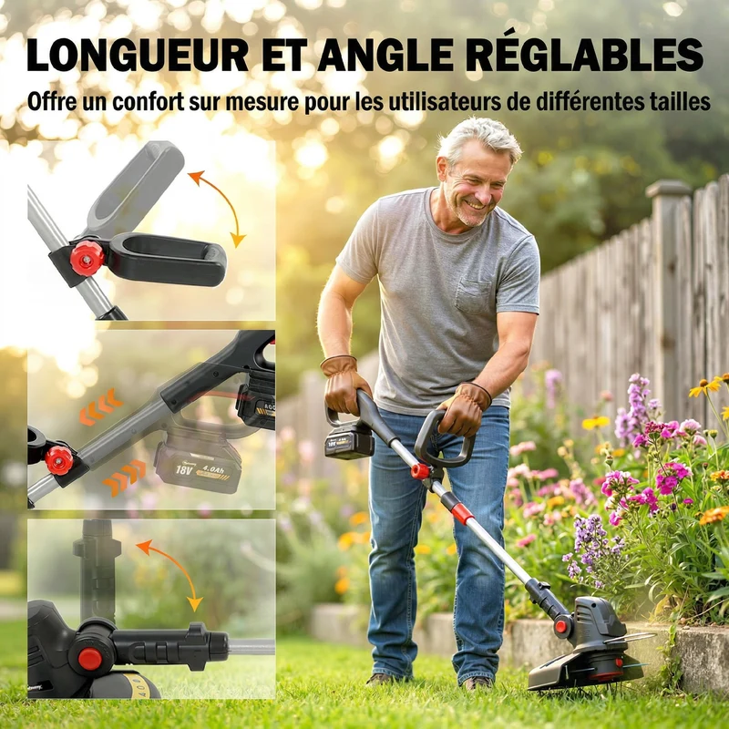 Coupe-bordures sans fil pour jardin 124 x 32 x 19 cm autonomie 90 min tête pivotante moderne épuré en aluminium argent 21_0005675