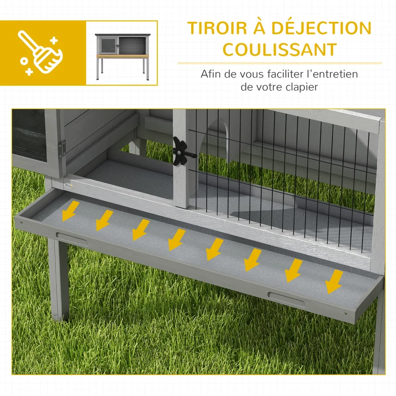 Clapier sur pied 84 x 43 x 70 cm porte verrouillable plateau à déjection coulissant rustique contemporain en bois gris 21_0007886