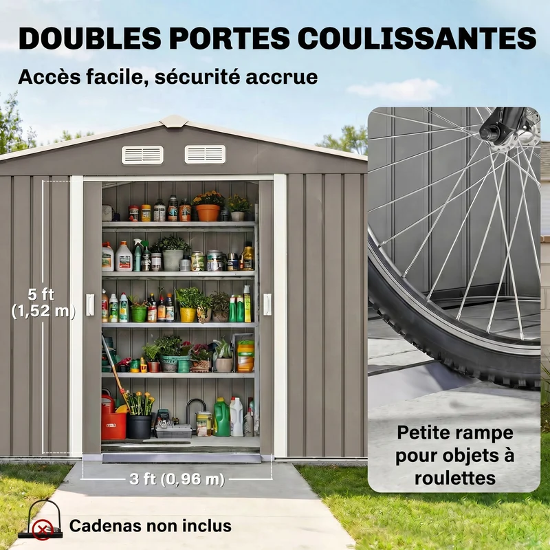 Abri de jardin extérieur 277 x 195 x 192 cm porte coulissante ventilation optimale industriel contemporain en acier gris 21_0004034