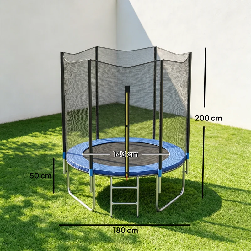 Trampoline de jardin rond 180 x 200 cm filet de sécurité porte zippée coussins protecteurs design moderne en acier bleu 21_0006668