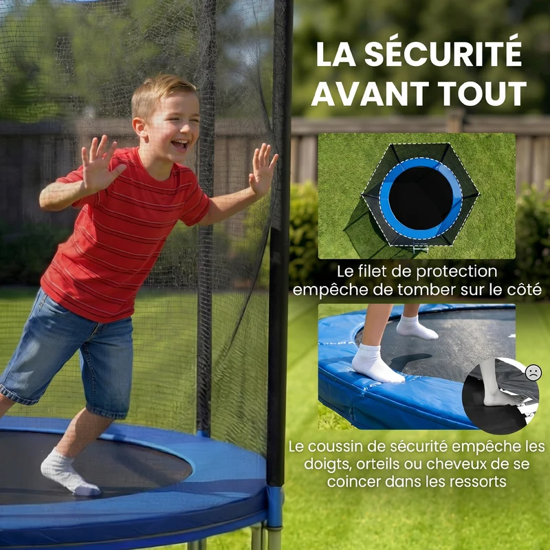 Trampoline de jardin rond 180 x 200 cm filet de sécurité porte zippée coussins protecteurs design moderne en acier bleu 21_0006668
