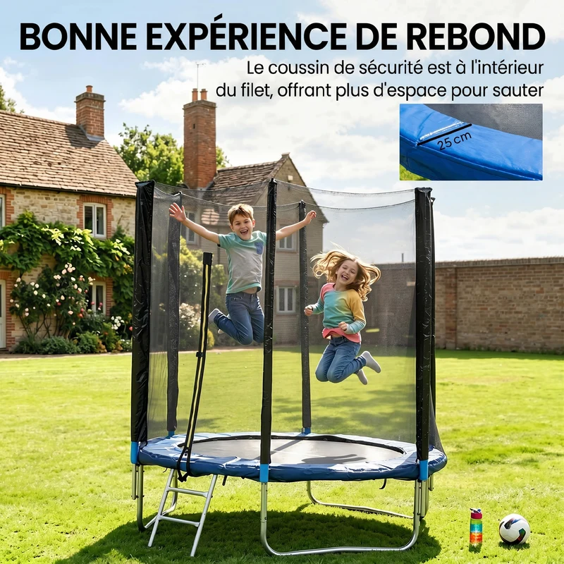Trampoline de jardin rond 180 x 200 cm filet de sécurité porte zippée coussins protecteurs design moderne en acier bleu 21_0006668