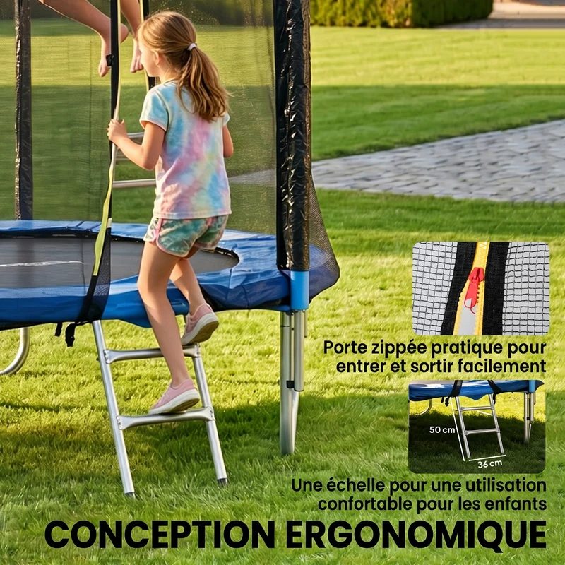 Trampoline de jardin rond 180 x 200 cm filet de sécurité porte zippée coussins protecteurs design moderne en acier bleu 21_0006668
