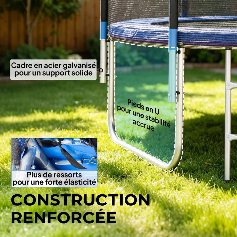 Trampoline de jardin rond 180 x 200 cm filet de sécurité porte zippée coussins protecteurs design moderne en acier bleu 21_0006668