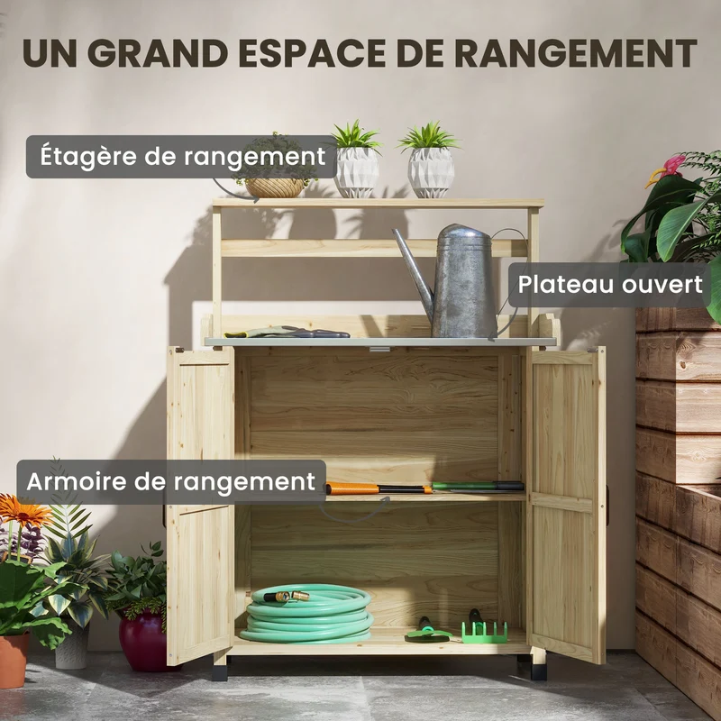 Table de rempotage de jardin 90,5 x 41 x 124,5 cm grand rangement patins antidérapants style rustique en bois naturel 21_0004335