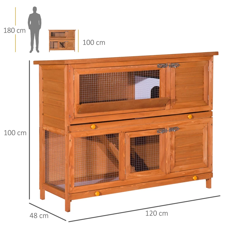 Clapier à lapin multifonction deux étages 120 x 48 x 100 cm toit ouvrant facile à nettoyer rustique épuré en bois marron 21_0007855