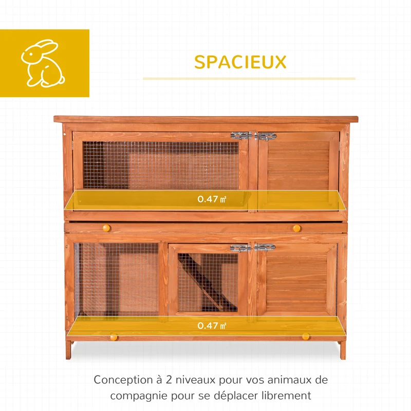 Clapier à lapin multifonction deux étages 120 x 48 x 100 cm toit ouvrant facile à nettoyer rustique épuré en bois marron 21_0007855