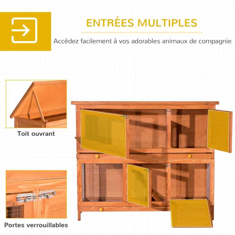 Clapier à lapin multifonction deux étages 120 x 48 x 100 cm toit ouvrant facile à nettoyer rustique épuré en bois marron 21_0007855