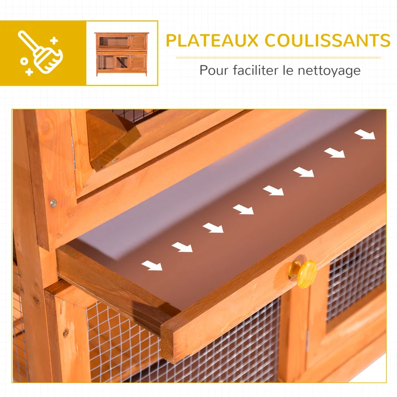 Clapier à lapin multifonction deux étages 120 x 48 x 100 cm toit ouvrant facile à nettoyer rustique épuré en bois marron 21_0007855
