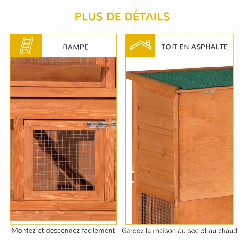 Clapier à lapin multifonction deux étages 120 x 48 x 100 cm toit ouvrant facile à nettoyer rustique épuré en bois marron 21_0007855