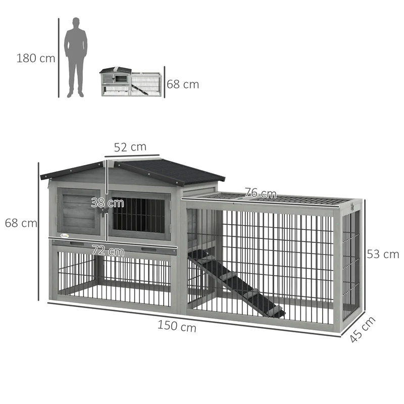 Clapier pour lapins enclos deux niveaux 150 x 52 x 68 cm nettoyage facile et rampe design rustique salon en bois gris 21_0007887