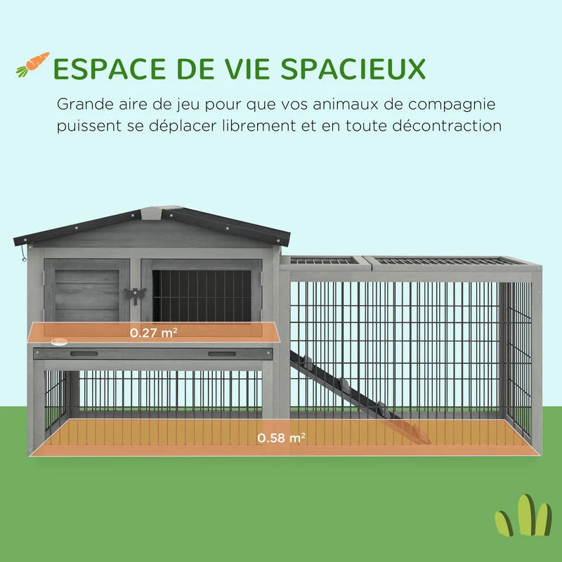 Clapier pour lapins enclos deux niveaux 150 x 52 x 68 cm nettoyage facile et rampe design rustique salon en bois gris 21_0007887