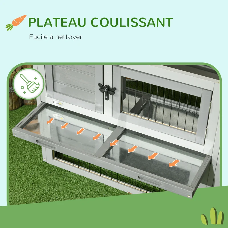 Clapier pour lapins enclos deux niveaux 150 x 52 x 68 cm nettoyage facile et rampe design rustique salon en bois gris 21_0007887