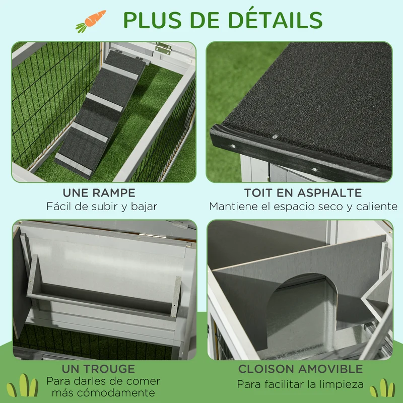 Clapier pour lapins enclos deux niveaux 150 x 52 x 68 cm nettoyage facile et rampe design rustique salon en bois gris 21_0007887