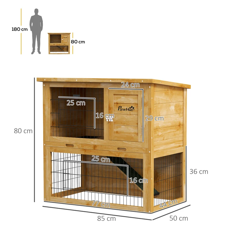 Clapier pour lapins 2 étages 85 x 50 x 80 cm plateau coulissant toit bitumé imperméable rustique jardin en bois jaune 21_0007978