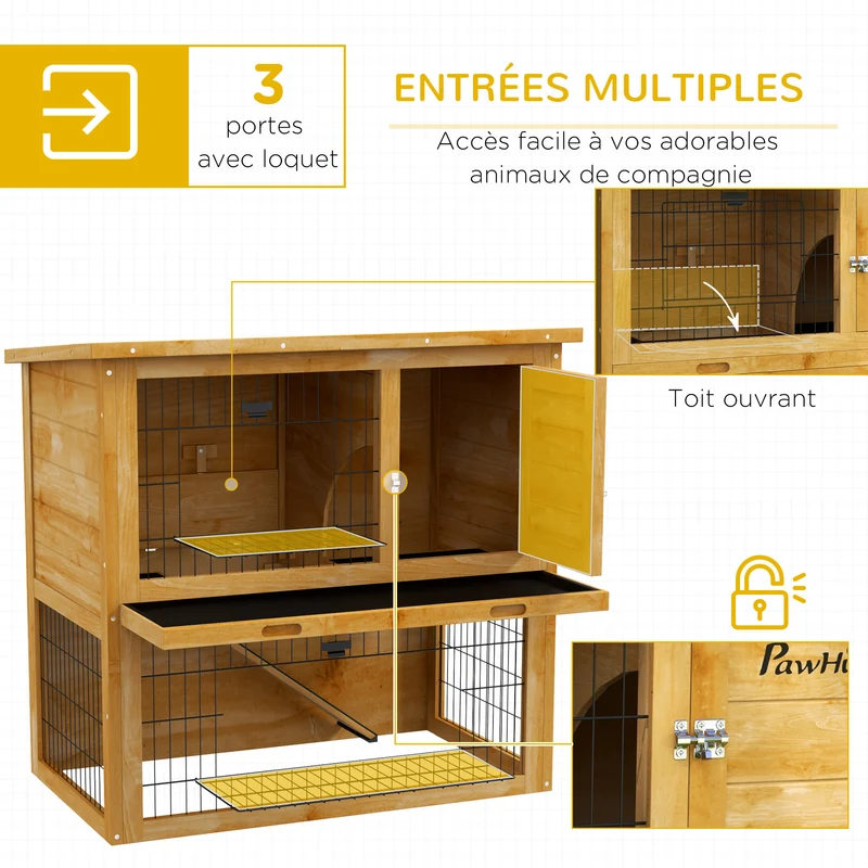 Clapier pour lapins 2 étages 85 x 50 x 80 cm plateau coulissant toit bitumé imperméable rustique jardin en bois jaune 21_0007978