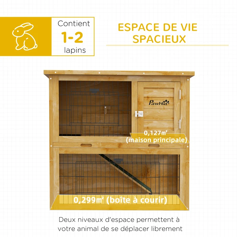 Clapier pour lapins 2 étages 85 x 50 x 80 cm plateau coulissant toit bitumé imperméable rustique jardin en bois jaune 21_0007978