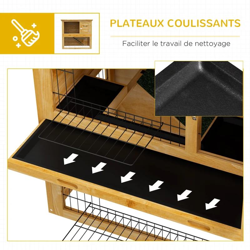 Clapier pour lapins 2 étages 85 x 50 x 80 cm plateau coulissant toit bitumé imperméable rustique jardin en bois jaune 21_0007978