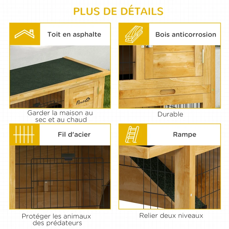 Clapier pour lapins 2 étages 85 x 50 x 80 cm plateau coulissant toit bitumé imperméable rustique jardin en bois jaune 21_0007978
