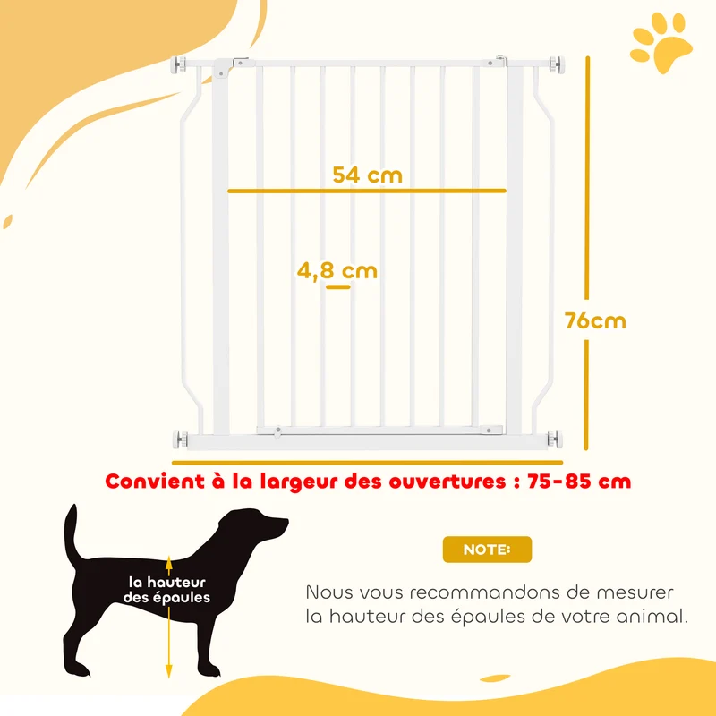 Barrière de sécurité pour animaux entrée couloir 75-85 x 76 cm réglable double verrouillage moderne épuré en acier blanc 21_0007426