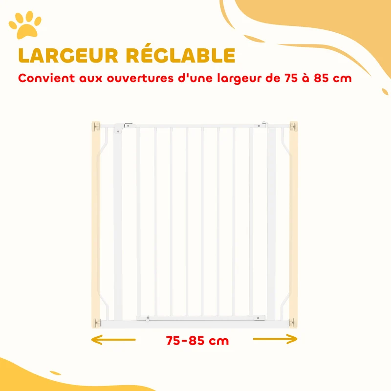Barrière de sécurité pour animaux entrée couloir 75-85 x 76 cm réglable double verrouillage moderne épuré en acier blanc 21_0007426
