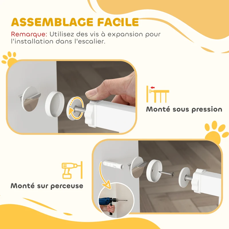 Barrière de sécurité pour animaux entrée couloir 75-85 x 76 cm réglable double verrouillage moderne épuré en acier blanc 21_0007426