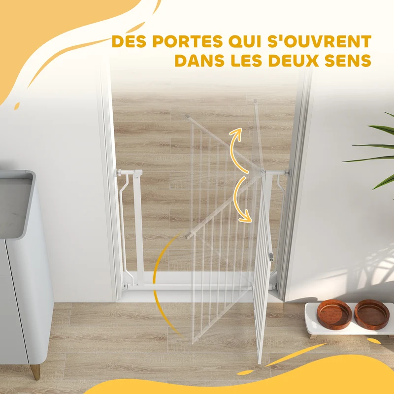 Barrière de sécurité pour animaux entrée couloir 75-85 x 76 cm réglable double verrouillage moderne épuré en acier blanc 21_0007426