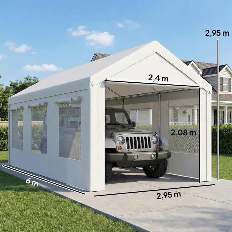 Abri de voiture 600 x 295 x 295 cm hauteur réglable protection uv portes zippées contemporain en acier galvanisé blanc 21_0004933