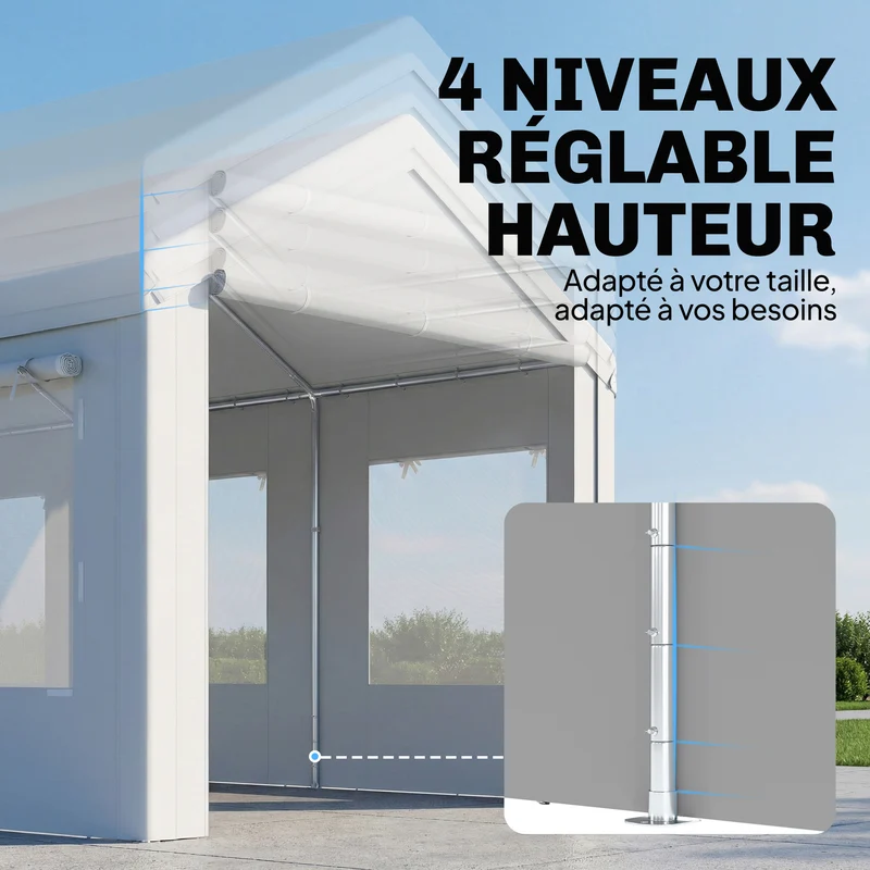 Abri de voiture 600 x 295 x 295 cm hauteur réglable protection uv portes zippées contemporain en acier galvanisé blanc 21_0004933