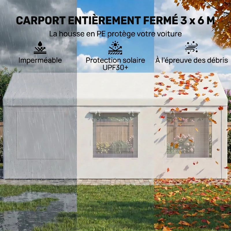 Abri de voiture 600 x 295 x 295 cm hauteur réglable protection uv portes zippées contemporain en acier galvanisé blanc 21_0004933