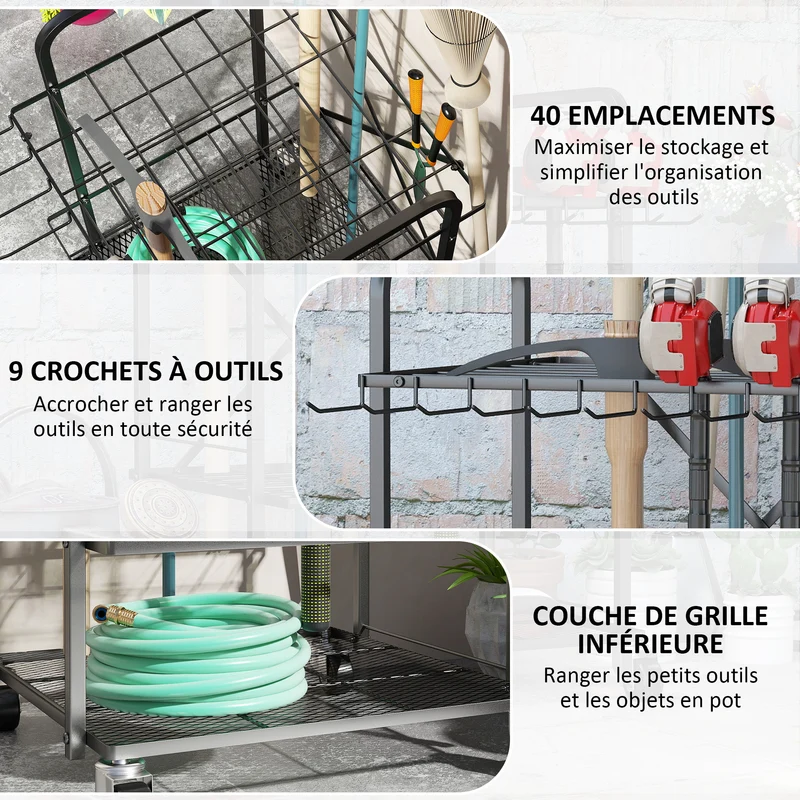 Organisateur d'outils de jardin 57 x 48 x 70 cm 40 places et roues freinables industriel contemporain en métal noir 21_0005539