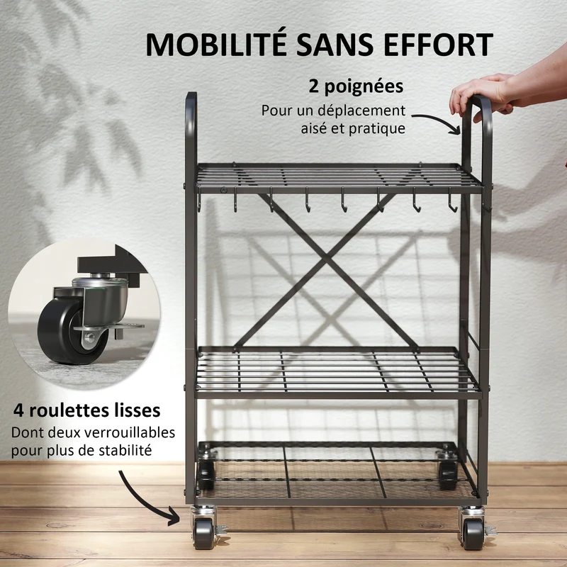 Organisateur d'outils de jardin 57 x 48 x 70 cm 40 places et roues freinables industriel contemporain en métal noir 21_0005539