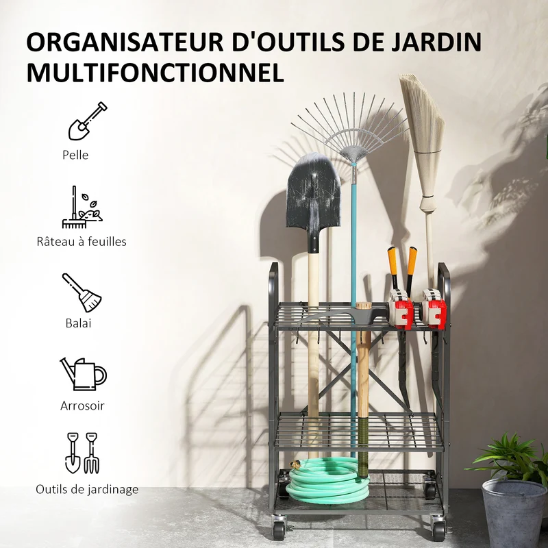 Organisateur d'outils de jardin 57 x 48 x 70 cm 40 places et roues freinables industriel contemporain en métal noir 21_0005539
