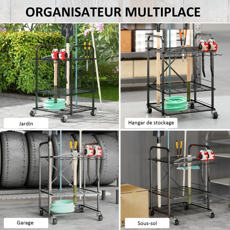 Organisateur d'outils de jardin 57 x 48 x 70 cm 40 places et roues freinables industriel contemporain en métal noir 21_0005539