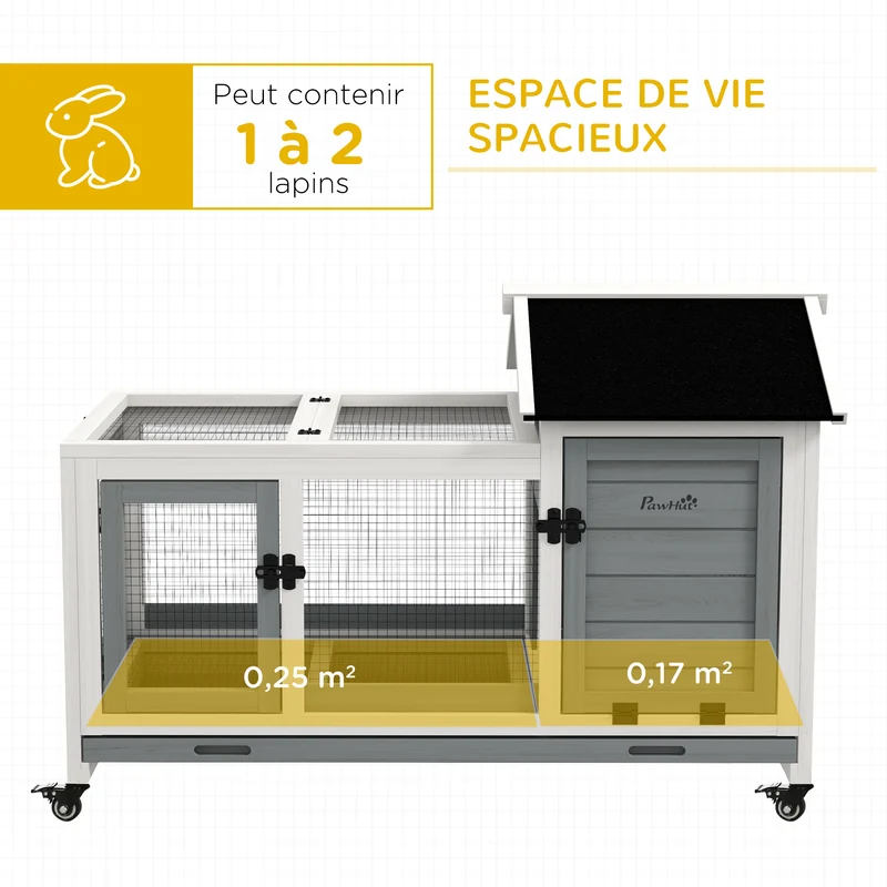 Clapier pour lapins sur roulettes 108 x 58 x 73.5 cm tiroir coulissant aire de jeu cottage style rustique en bois gris 21_0007952
