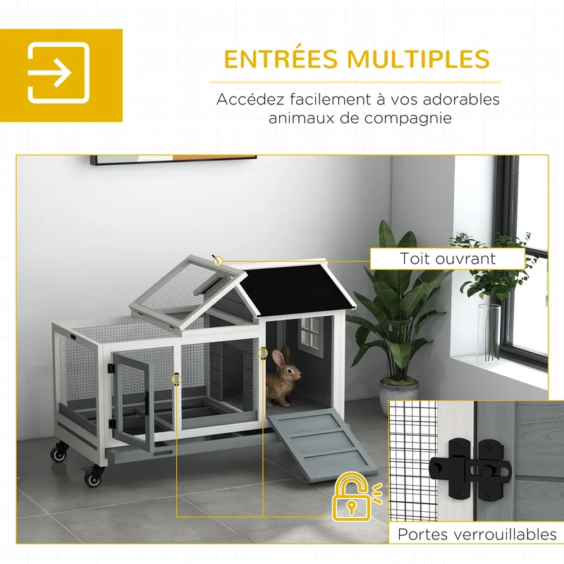 Clapier pour lapins sur roulettes 108 x 58 x 73.5 cm tiroir coulissant aire de jeu cottage style rustique en bois gris 21_0007952