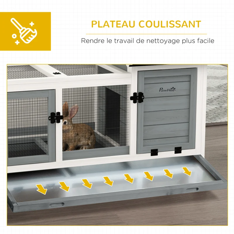 Clapier pour lapins sur roulettes 108 x 58 x 73.5 cm tiroir coulissant aire de jeu cottage style rustique en bois gris 21_0007952