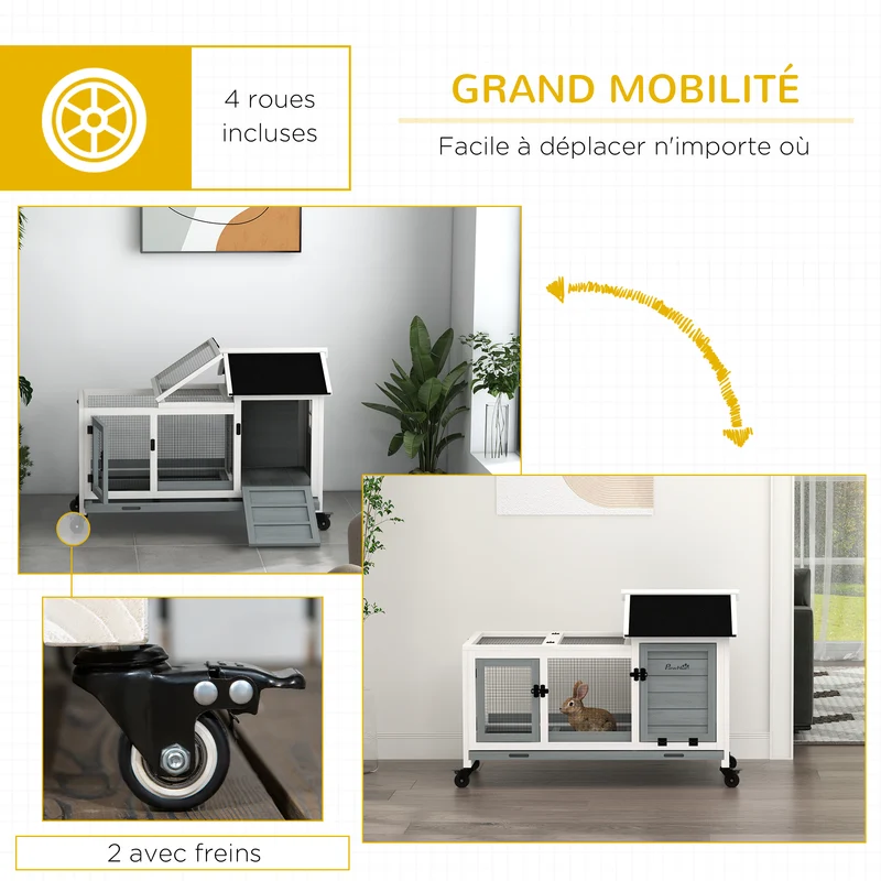 Clapier pour lapins sur roulettes 108 x 58 x 73.5 cm tiroir coulissant aire de jeu cottage style rustique en bois gris 21_0007952