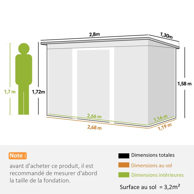 Abri de jardin 280 x 130 x 172 cm stockage outils gain de place 2 portes coulissantes moderne en acier galvanisé noir 21_0004038