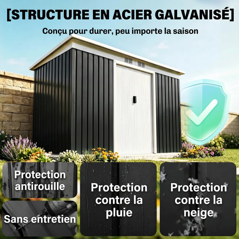Abri de jardin 280 x 130 x 172 cm stockage outils gain de place 2 portes coulissantes moderne en acier galvanisé noir 21_0004038