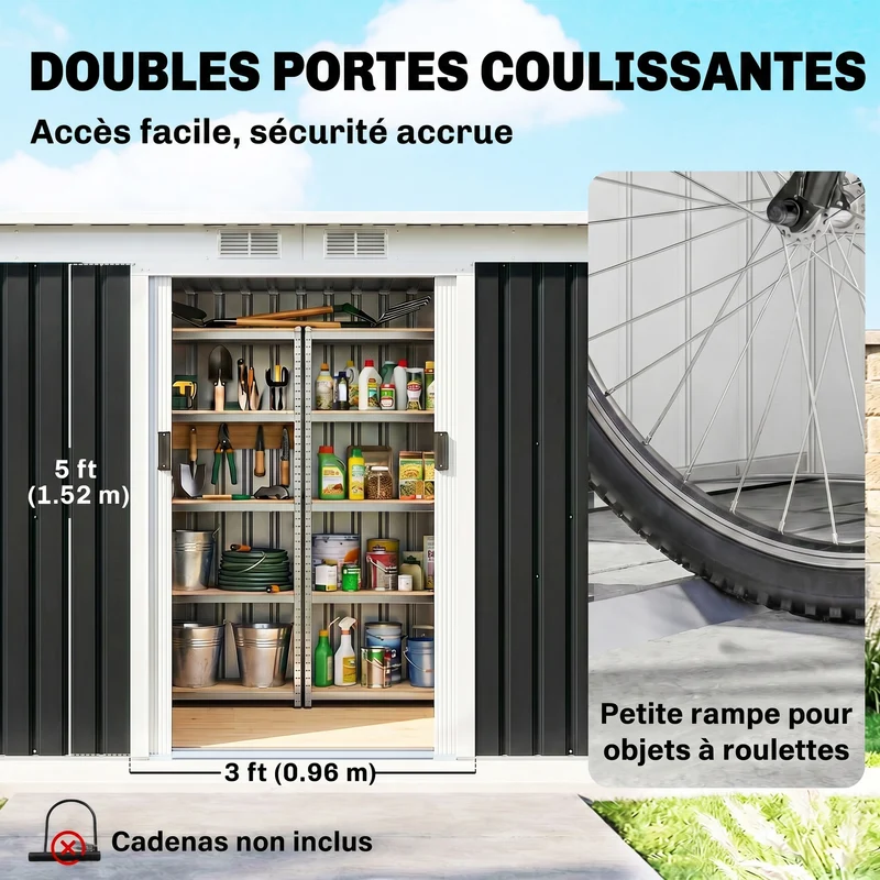 Abri de jardin 280 x 130 x 172 cm stockage outils gain de place 2 portes coulissantes moderne en acier galvanisé noir 21_0004038