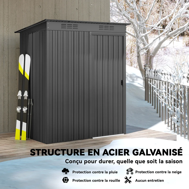 Abri de jardin 159 x 106 x 181 cm porte coulissante aération antirouille finition mate contemporain en métal gris foncé 21_0005599