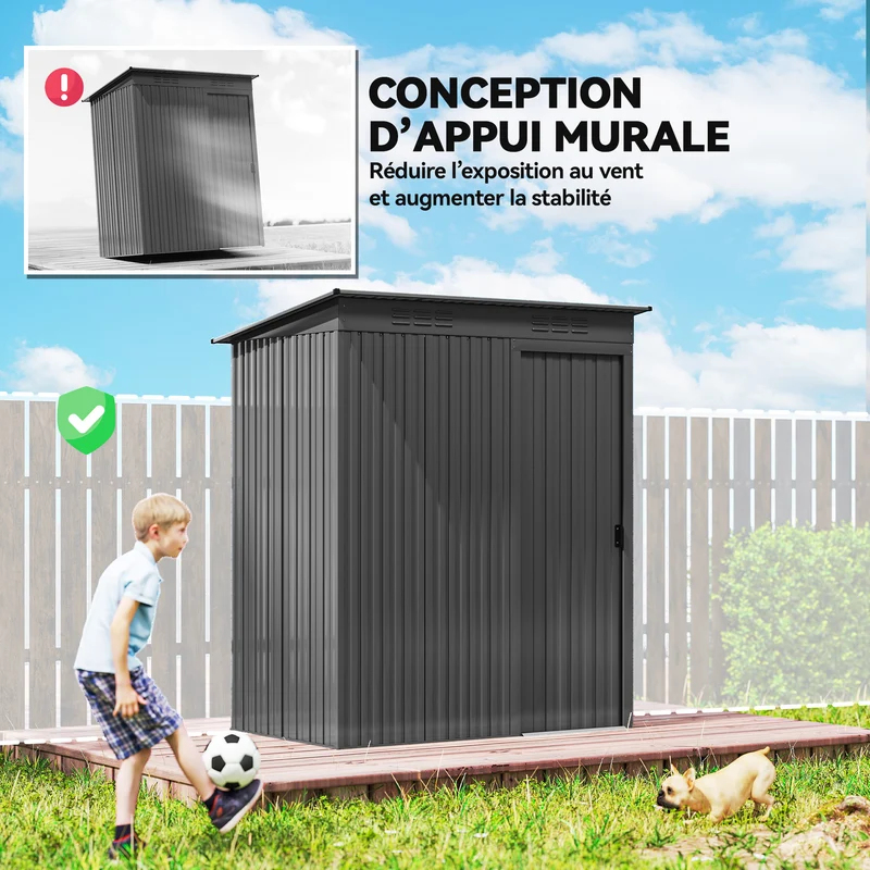 Abri de jardin 159 x 106 x 181 cm porte coulissante aération antirouille finition mate contemporain en métal gris foncé 21_0005599