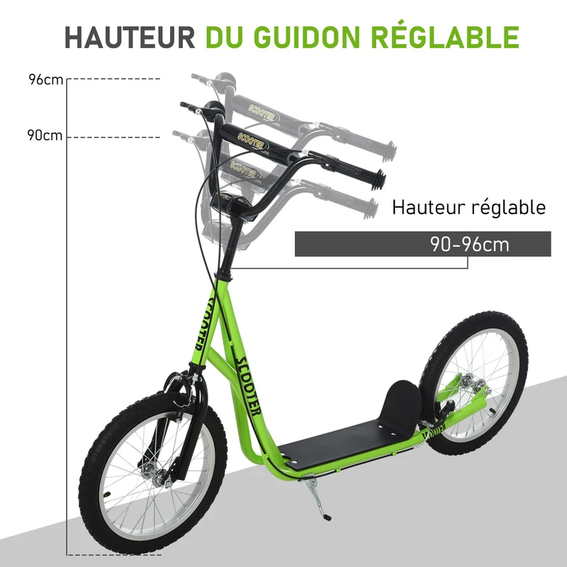 Trottinette enfant à partir de 5 ans 139 x 58 x 90-96 cm guidon réglable pneus à air moderne épuré ludique en acier vert 21_0000671