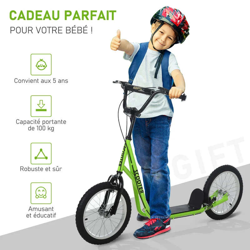 Trottinette enfant à partir de 5 ans 139 x 58 x 90-96 cm guidon réglable pneus à air moderne épuré ludique en acier vert 21_0000671