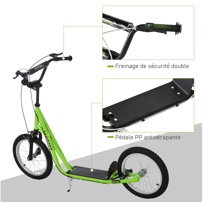 Trottinette enfant à partir de 5 ans 139 x 58 x 90-96 cm guidon réglable pneus à air moderne épuré ludique en acier vert 21_0000671