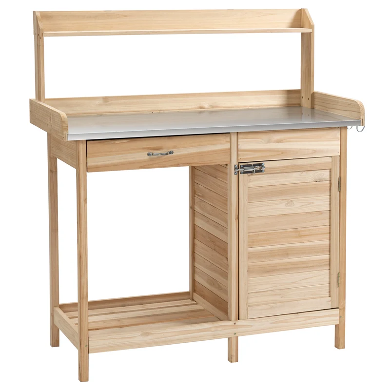 Table de rempotage pour jardinage 112 x 48 x 125 cm rangement multiple plateau à rebord rustique jardin en bois naturel 21_0004226