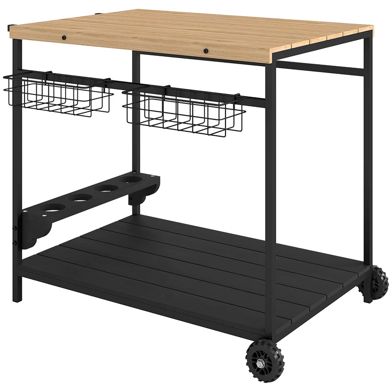 Desserte chariot de service jardin cuisine 97,5 x 65 x 81 cm mobilité aisée rangement optimisé rustique en bois naturel 21_0005246