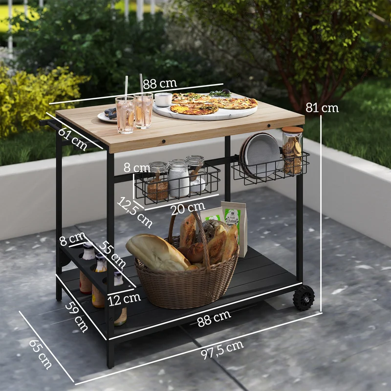 Desserte chariot de service jardin cuisine 97,5 x 65 x 81 cm mobilité aisée rangement optimisé rustique en bois naturel 21_0005246
