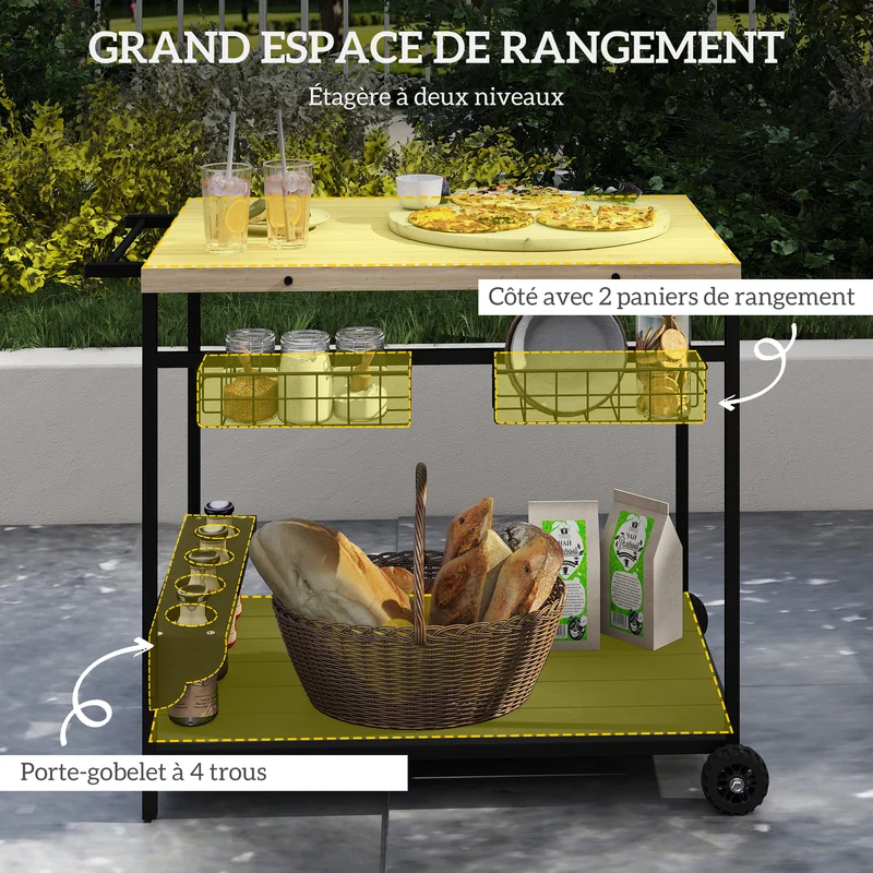 Desserte chariot de service jardin cuisine 97,5 x 65 x 81 cm mobilité aisée rangement optimisé rustique en bois naturel 21_0005246